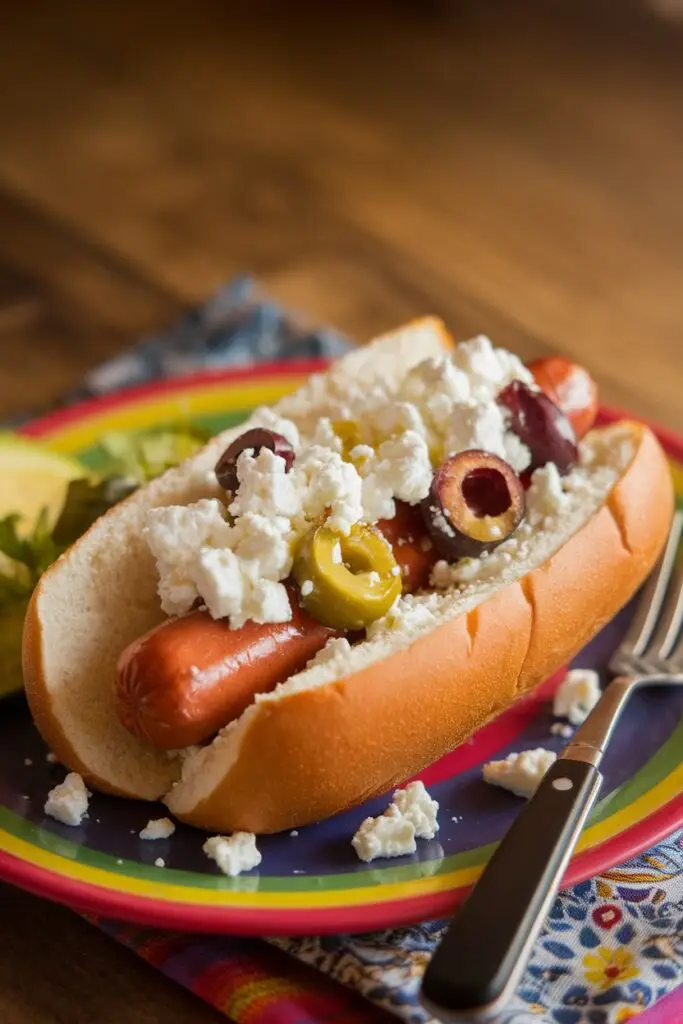 A Mediterranean-style hot dog topped with feta cheese, black and green olives, and fresh herbs.