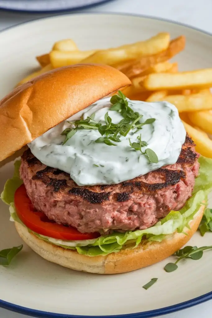 A burger with a lamb and beef blend patty, topped with creamy tzatziki sauce and served with fries. Great inspiration for a Beef Hamburger Helper Recipe.