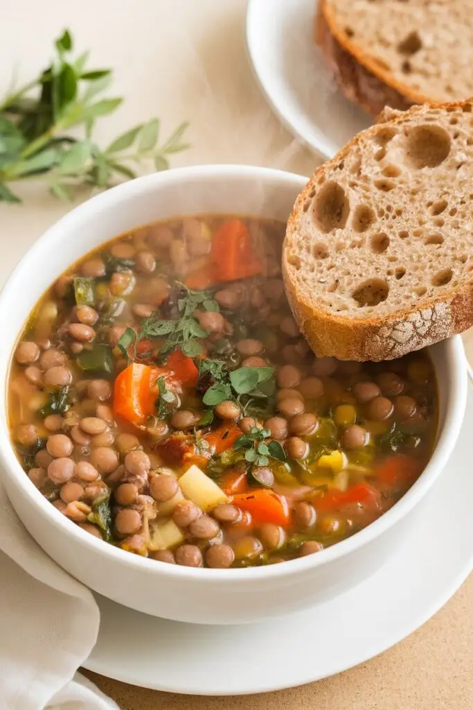 Steaming hot lentil soup with vegetables, served with crusty bread.