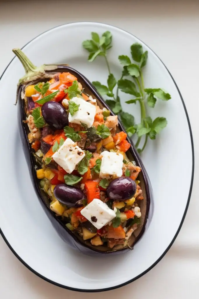 A roasted eggplant half stuffed with a colorful Mediterranean mixture of vegetables, olives, and feta cheese.