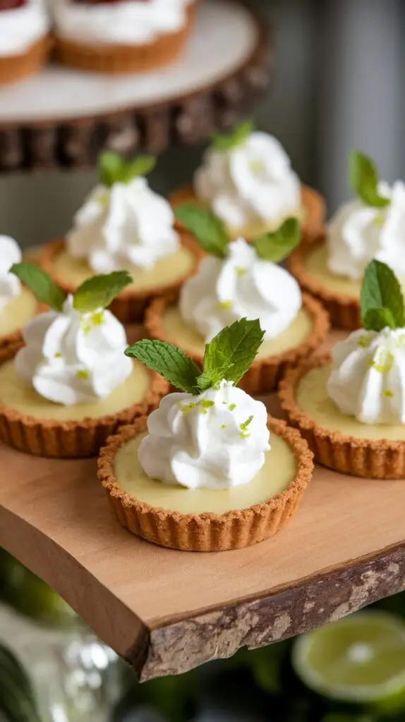 Mini key lime pie tartlets topped with whipped cream and mint, ideal for dessert recipe ideas.