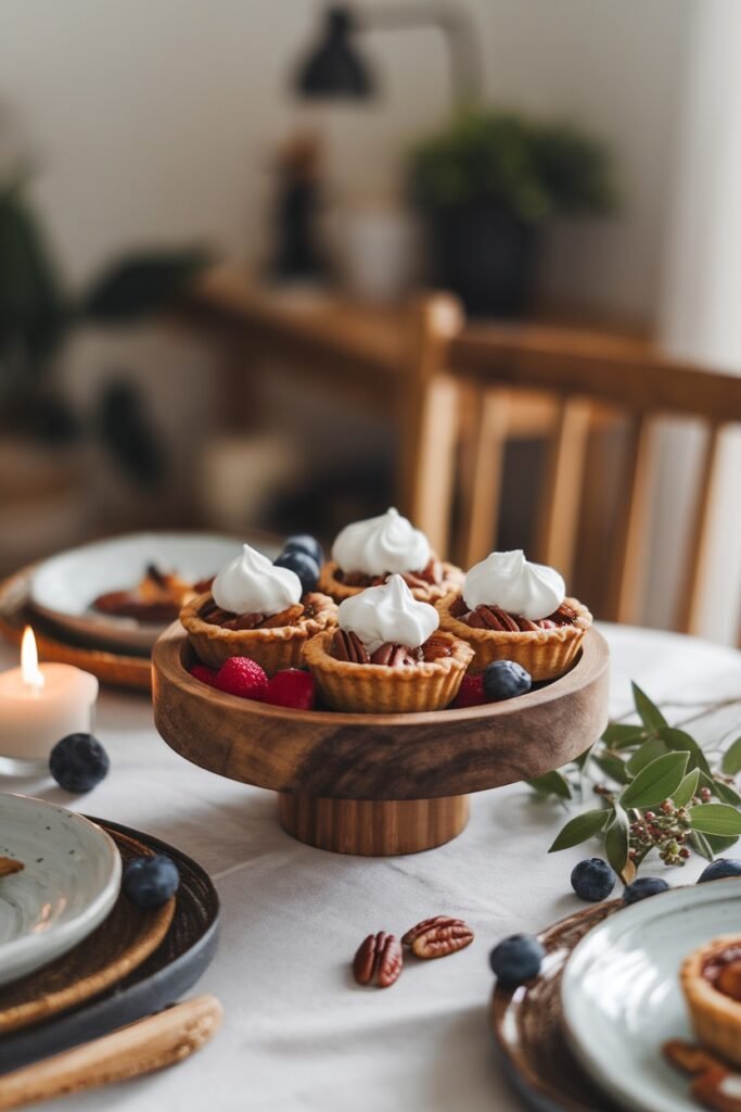 Mini pecan pies topped with whipped cream, surrounded by berries and pecans on a beautifully set table.