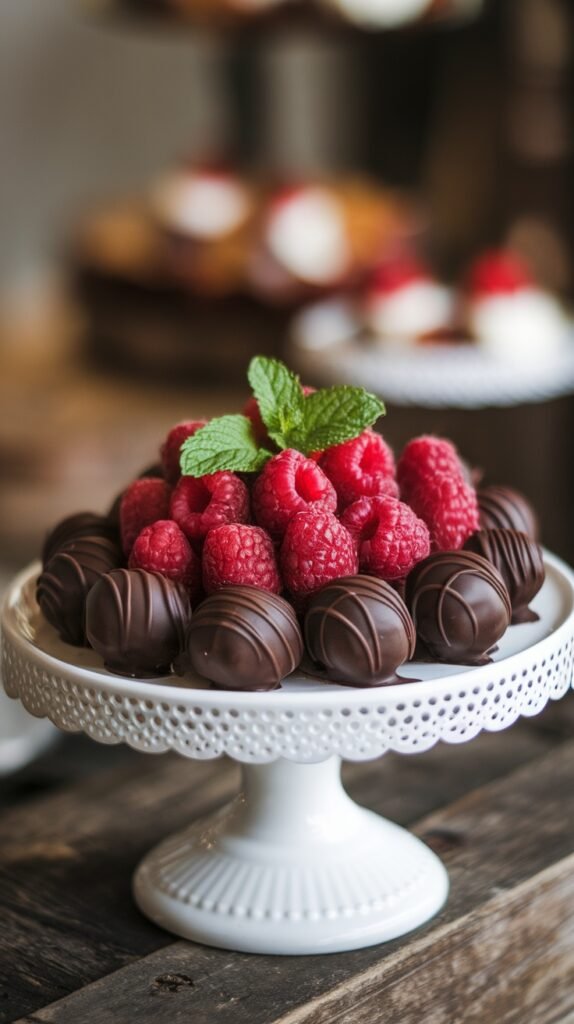 Chocolate truffles decorated with fresh raspberries and mint leaves, elegantly displayed on a white dessert stand.