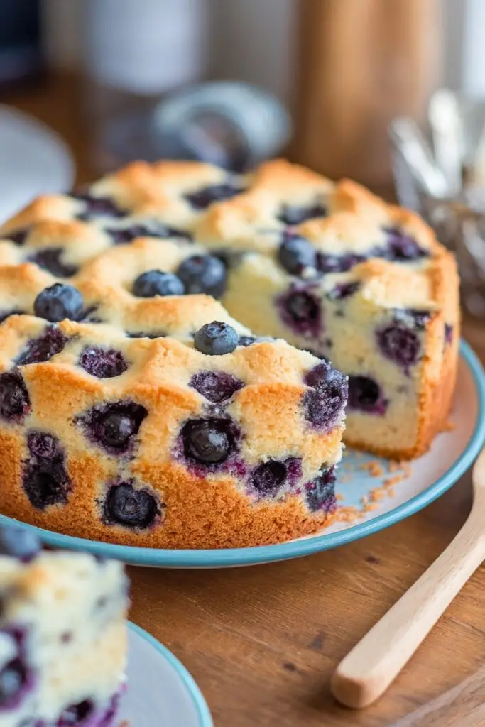 A close-up of a freshly baked blueberry yogurt cake, with golden crust and juicy blueberries.