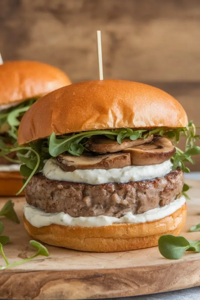 A mushroom Swiss burger topped with garlic aioli and fresh arugula on a toasted bun.