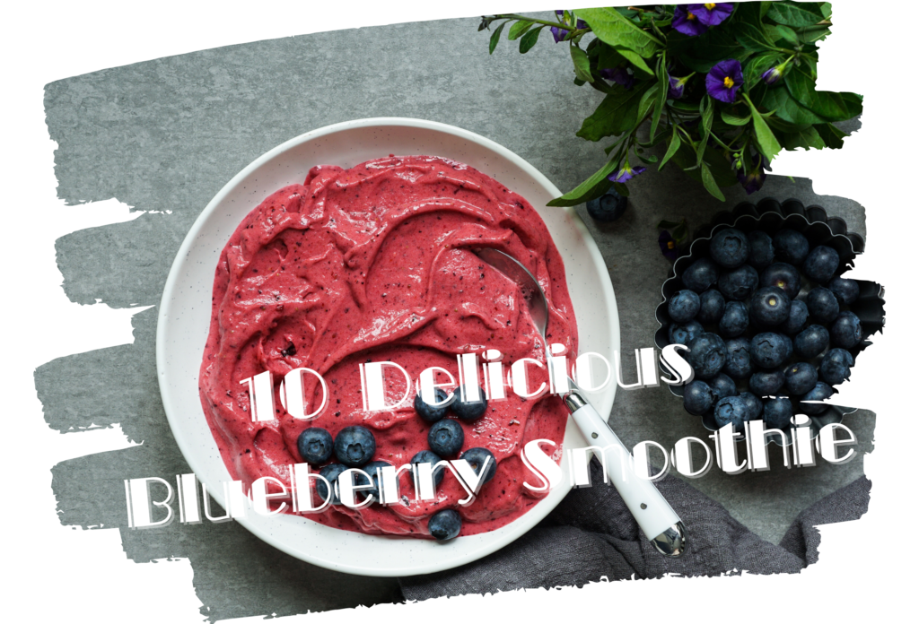 A creamy blueberry smoothie bowl with fresh blueberries on top, served in a white bowl with a spoon.