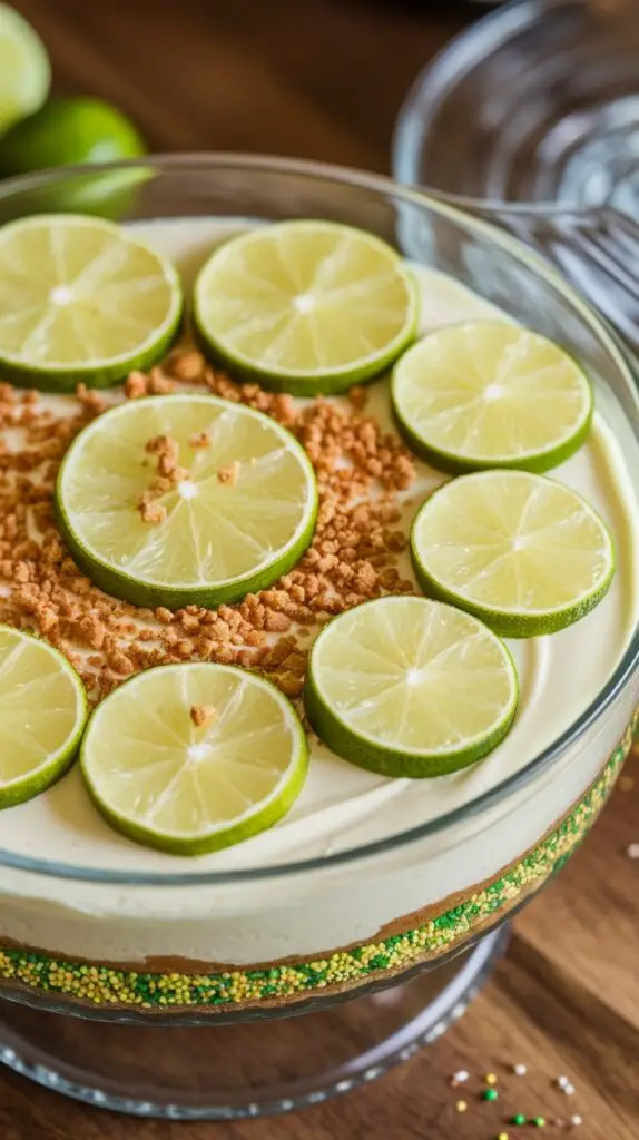 A no-bake key lime cheesecake topped with lime slices, great for no-bake dessert recipe options.