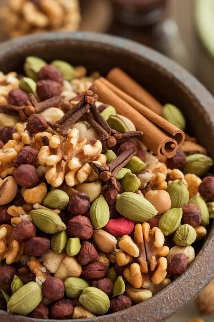 A close-up of a bowl filled with walnuts, hazelnuts, cinnamon sticks, cloves, and cardamom.