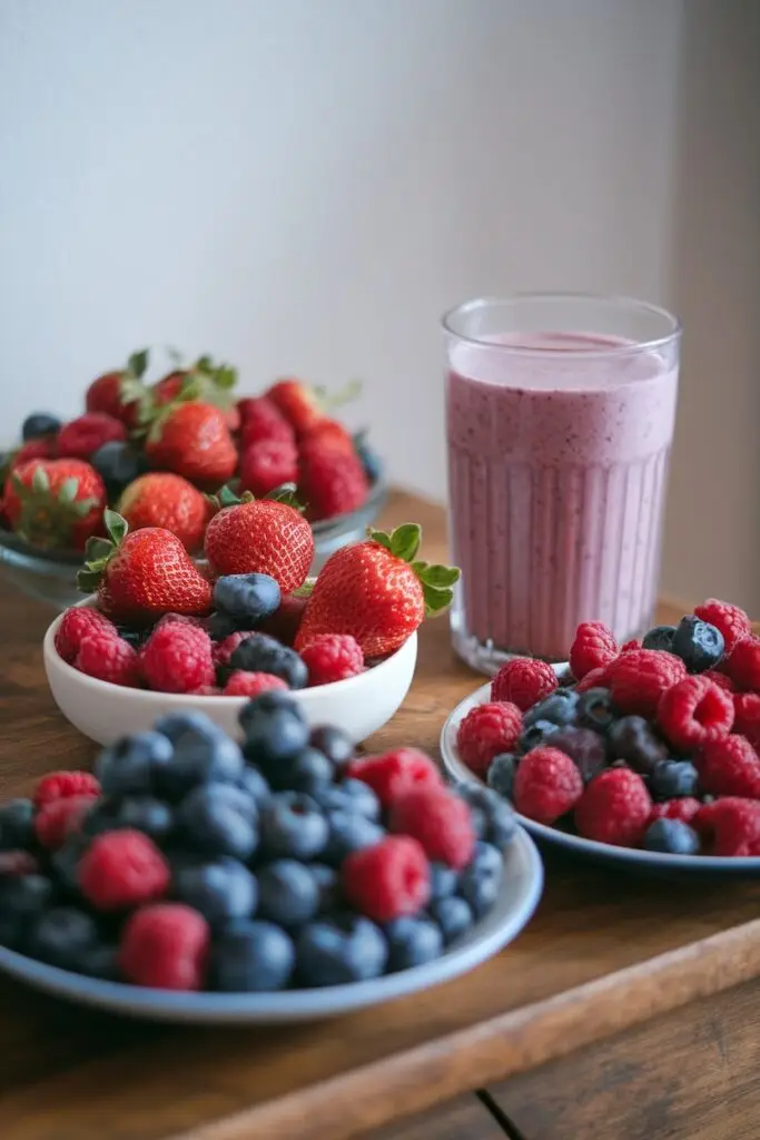 A tall glass of berry smoothie surrounded by bowls of fresh strawberries, blueberries, and raspberries.