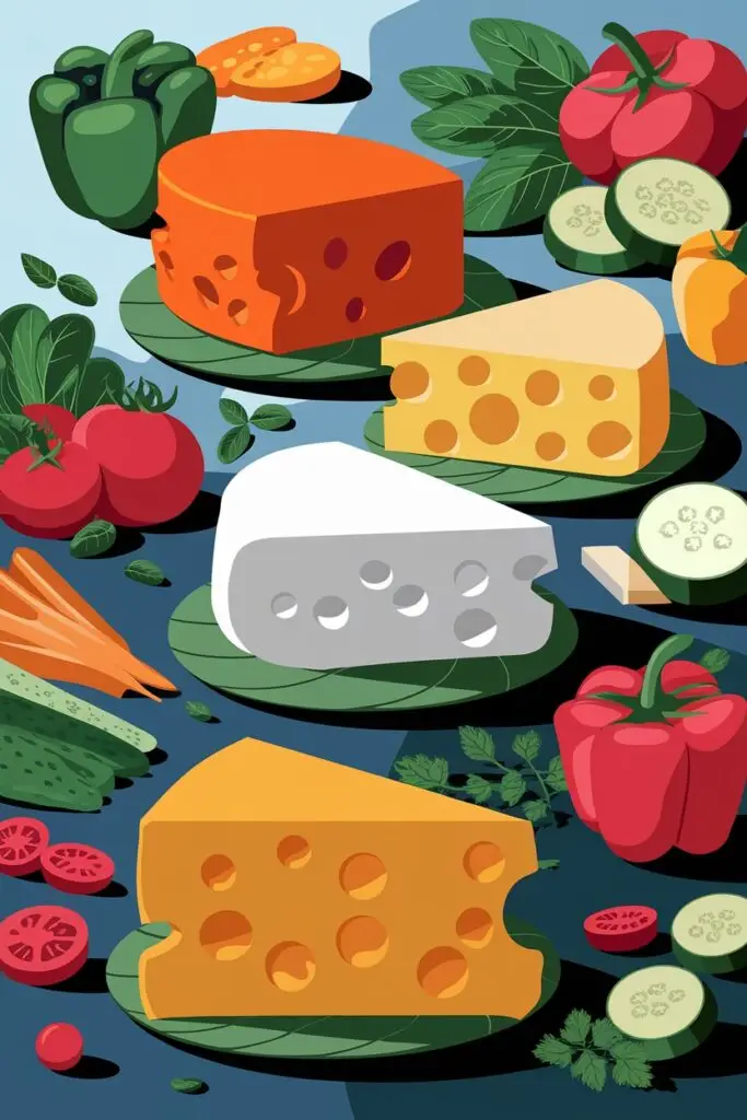 An artistic digital illustration of various cheese varieties, including Swiss cheese and cheddar, surrounded by fresh vegetables.