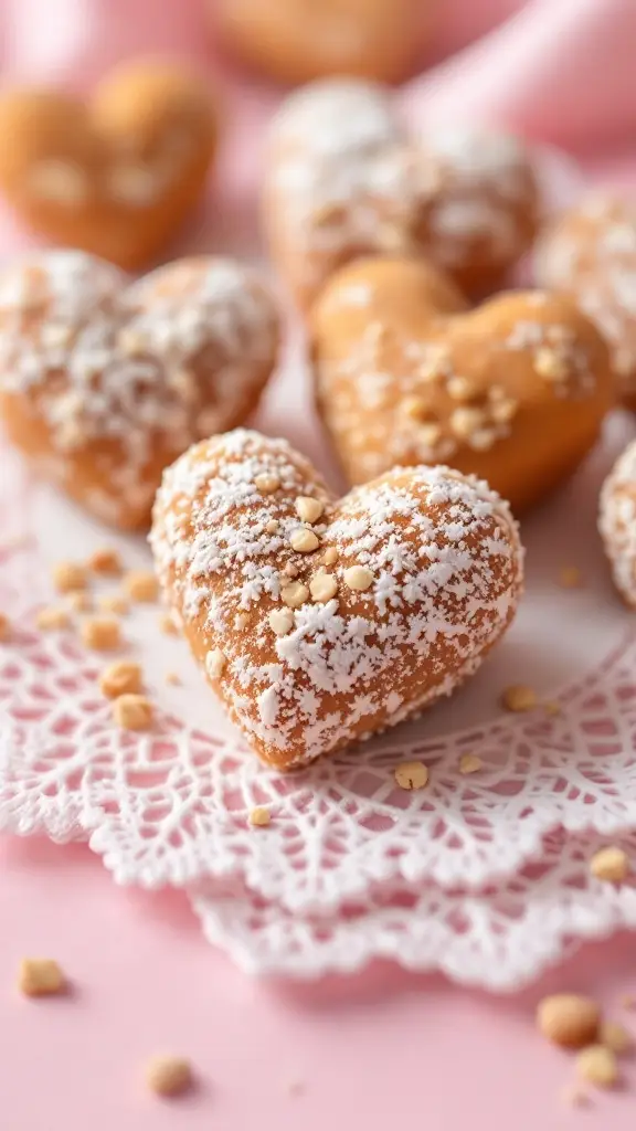 Heart-shaped cookies coated with powdered sugar and sprinkled with crushed nuts, resting on a lace doily with a soft pink background.