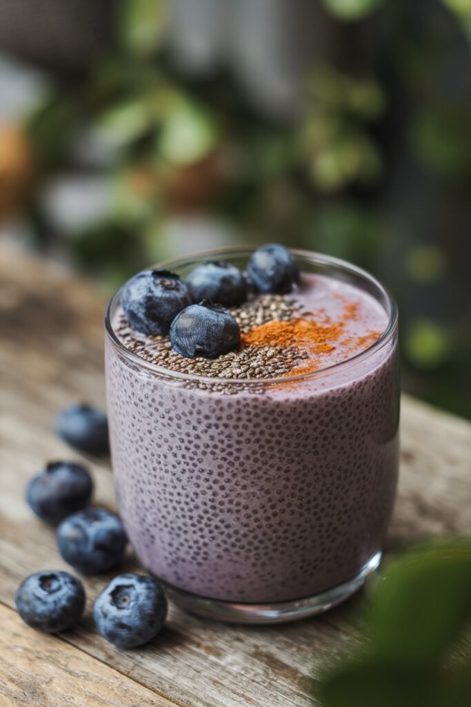 A thick chia seed smoothie topped with blueberries and a dash of cinnamon.