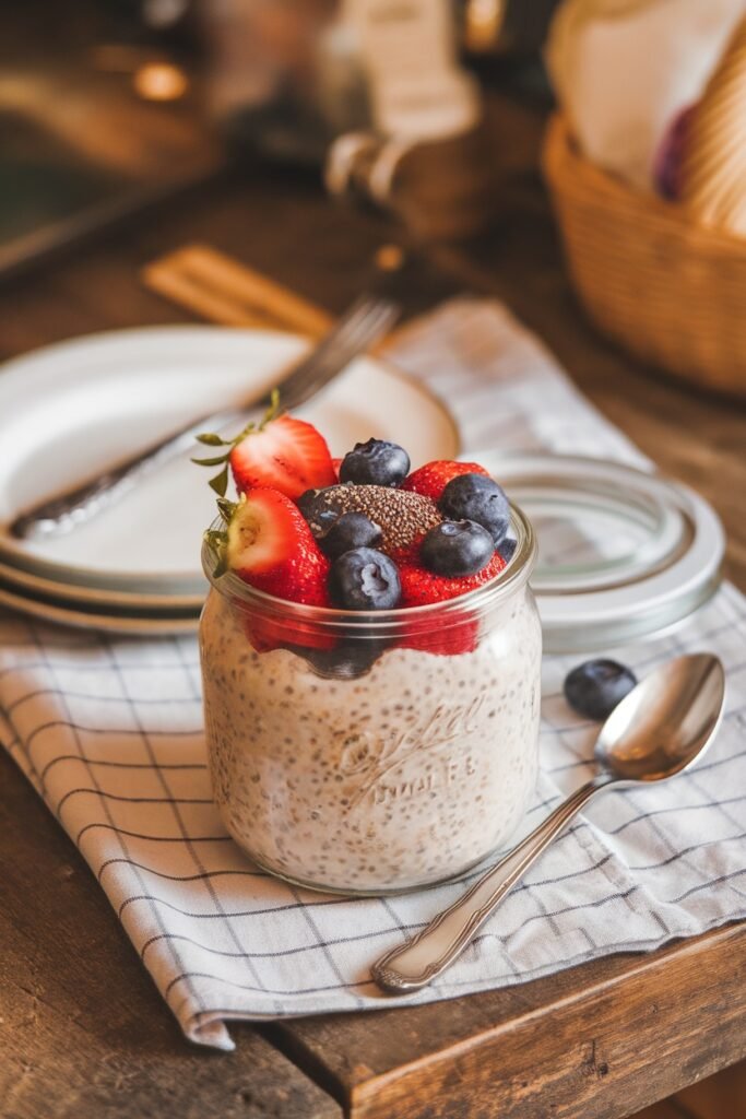 A mason jar filled with overnight oats, chia seeds, fresh blueberries, strawberries, and raspberries, placed on a rustic wooden table.