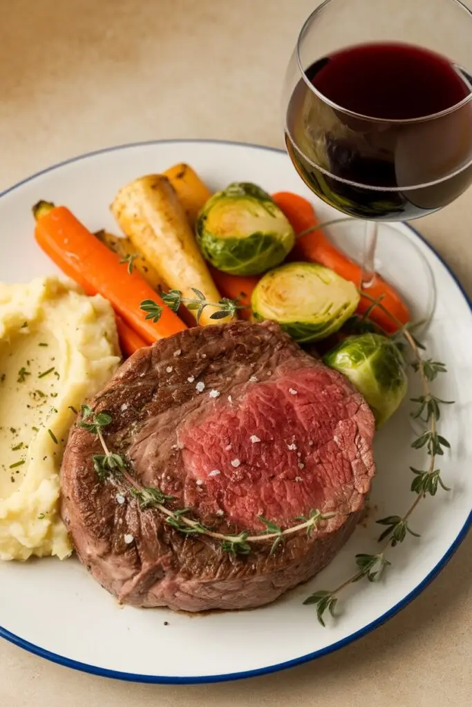 A perfectly cooked round tip steak on a plate with roasted vegetables, mashed potatoes, and a glass of red wine.