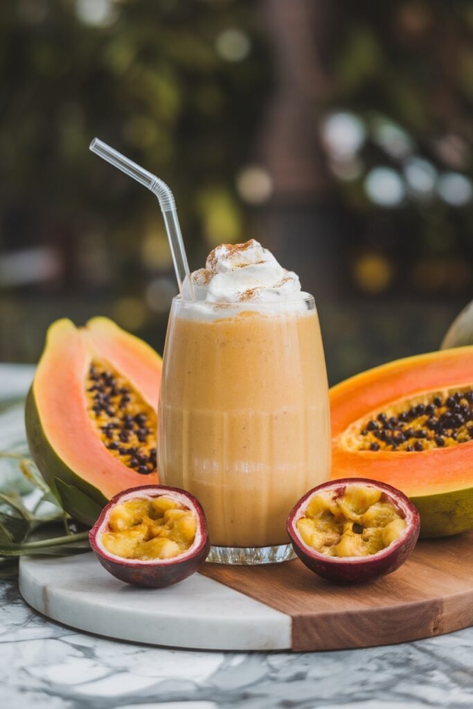 A creamy tropical smoothie made with papaya and passionfruit, topped with whipped cream and cinnamon.