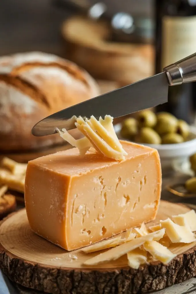 A block of Parmesan cheese being shaved with a knife.