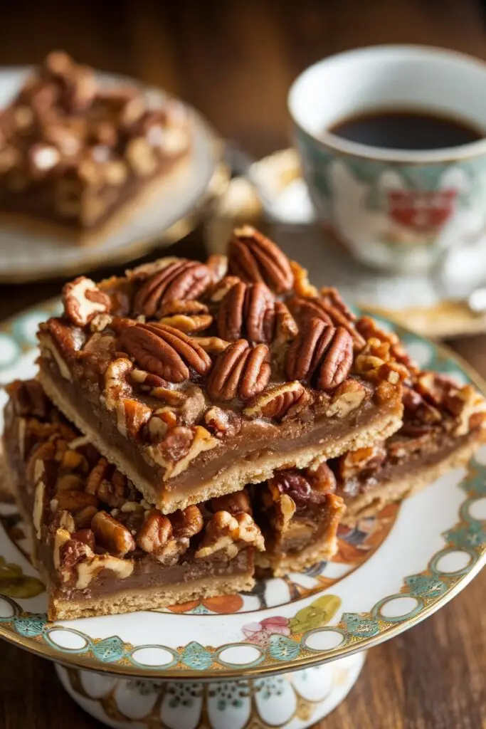 Pecan pie bars with a rich caramel pecan topping, served on a decorative porcelain plate.