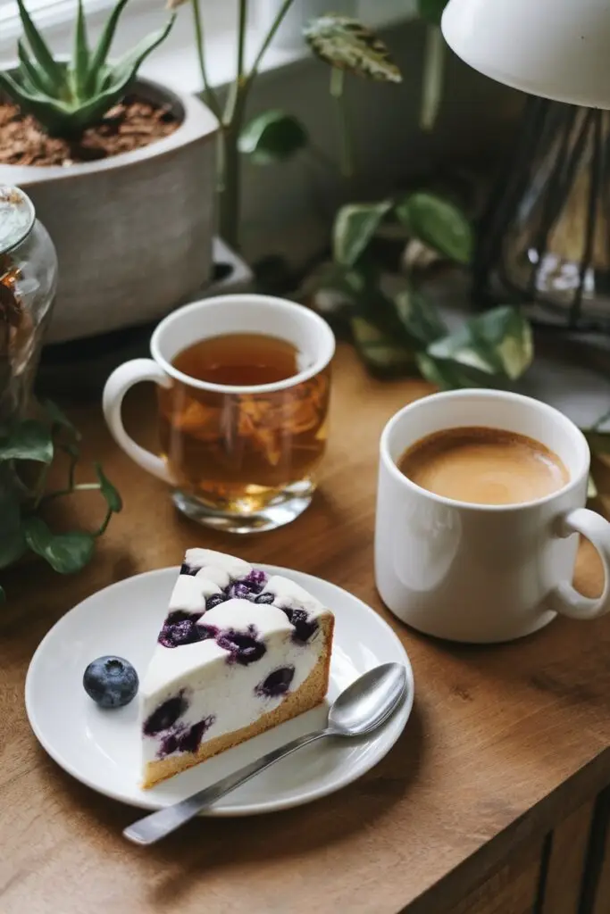 A cozy setting with a slice of blueberry yogurt cake, a cup of coffee, and herbal tea.