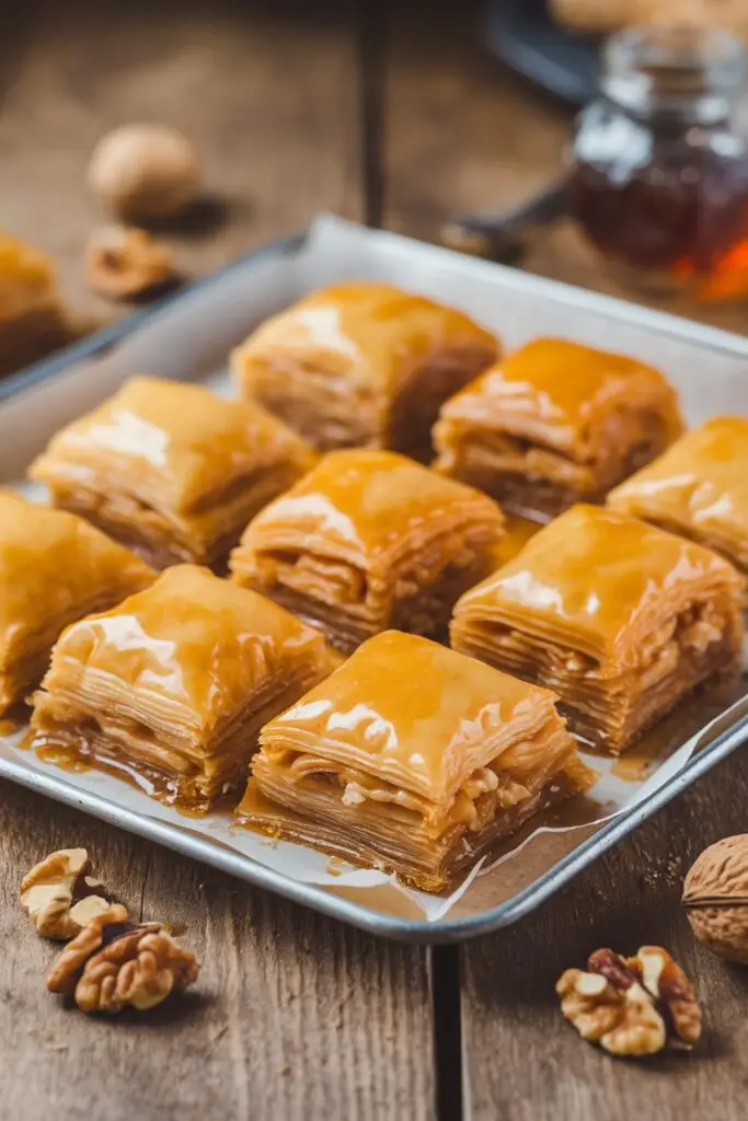 A tray of freshly baked baklava with a golden-brown, crispy surface.