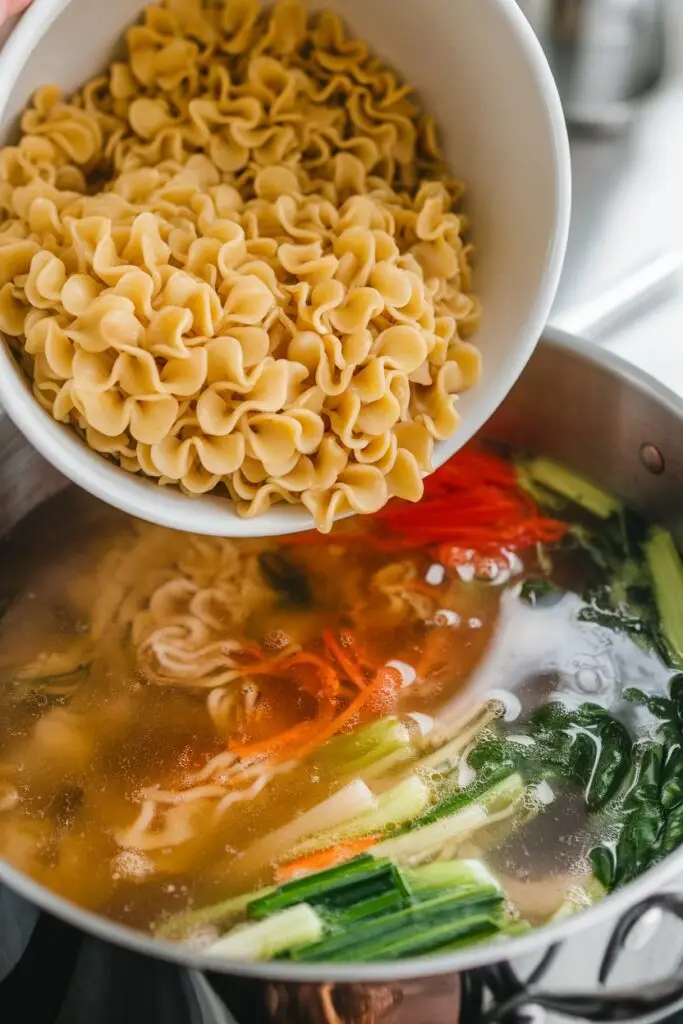 A bowl of egg noodles being added to a pot of boiling broth with vegetables.