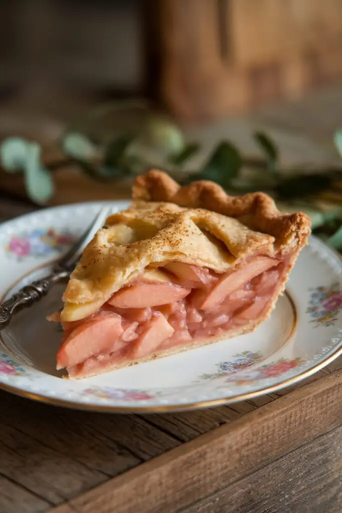 A slice of apple pie served on a floral-patterned plate.