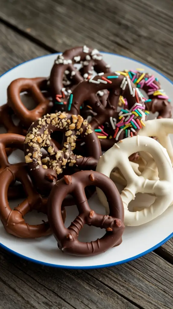 An assortment of pretzels coated in dark, milk, and white chocolate, topped with colorful sprinkles, crushed nuts, and sugar crystals, served on a white plate with a blue rim.