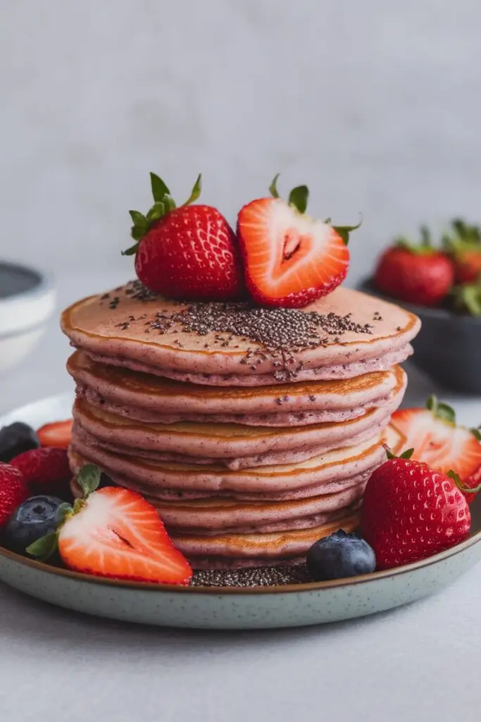 Protein-rich strawberry pancakes with chia seeds and fresh berries.