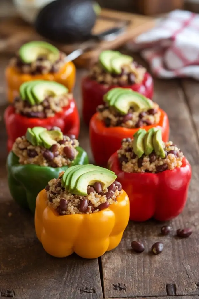 Colorful bell peppers stuffed with quinoa, black beans, and topped with avocado slices. Title: Quinoa-Stuffed Bell Peppers