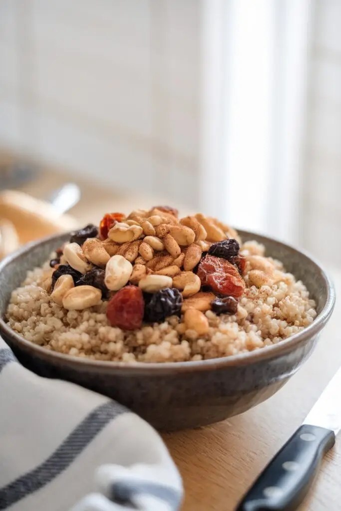 A bowl of cooked quinoa topped with a mix of nuts, dried fruit, and cinnamon on a wooden table.