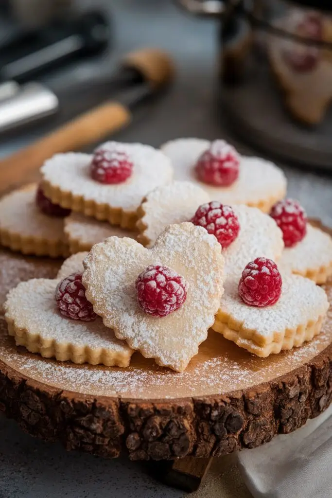 Heart-shaped shortbread cookies dusted with powdered sugar, topped with fresh raspberries.