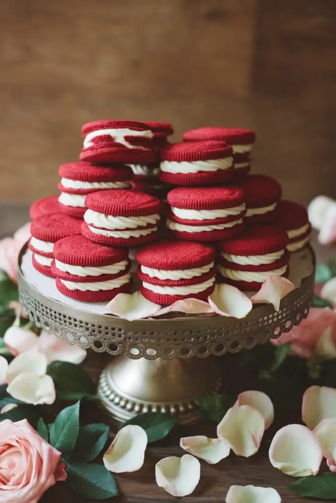 A display of red velvet cookie sandwiches with cream cheese filling, surrounded by rose petals on a vintage cake stand.