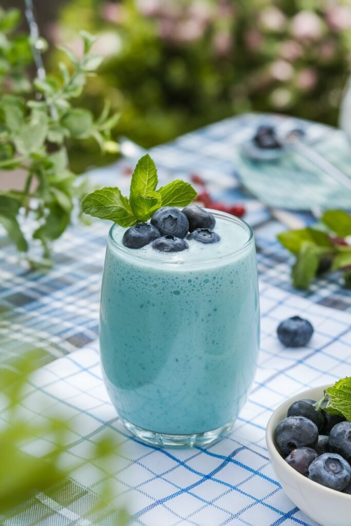 A cool, blue-green blueberry smoothie garnished with fresh mint leaves and blueberries.