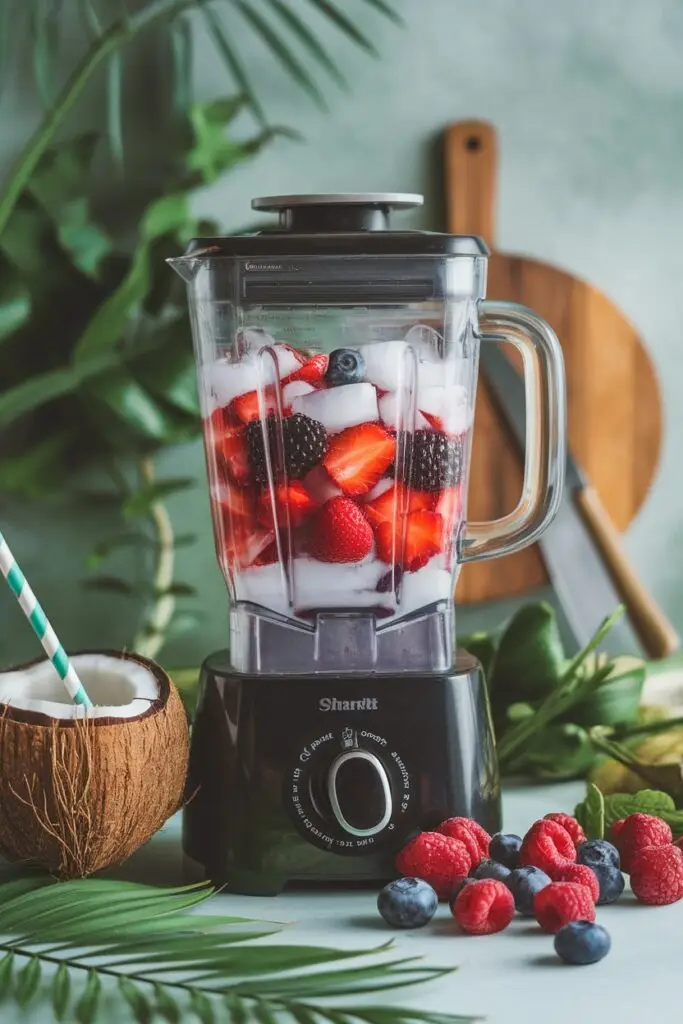 A blender filled with fresh strawberries, blueberries, raspberries, and coconut water, surrounded by tropical elements.