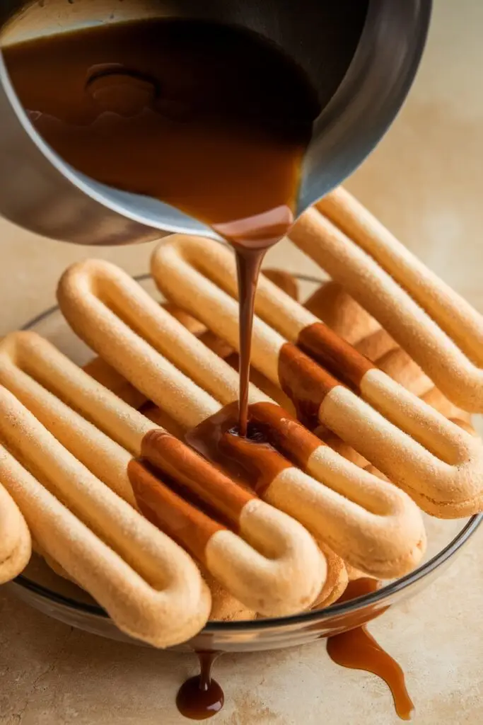 A stream of rich espresso being poured over ladyfingers in a glass dish.