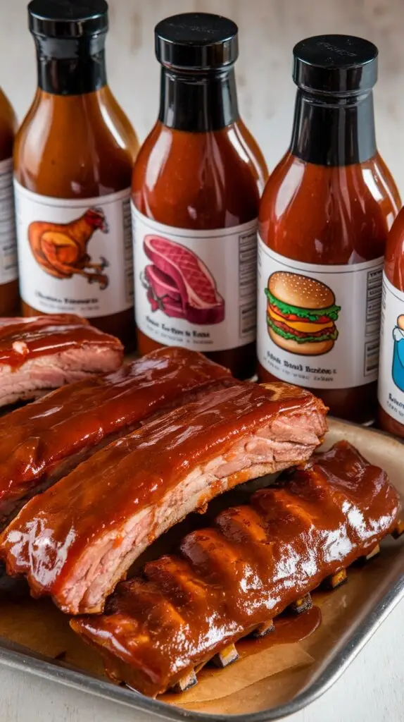 A set of BBQ sauces next to smoked ribs, ready for serving.