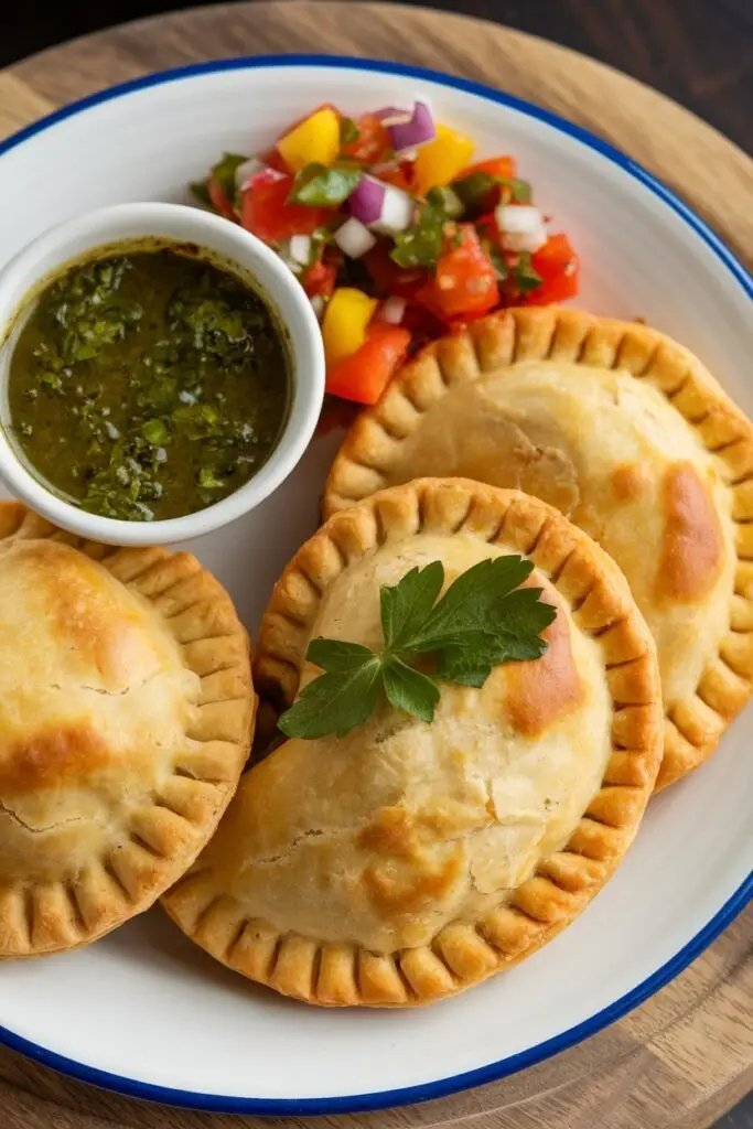 Golden-brown empanadas served with chimichurri sauce and fresh salsa.