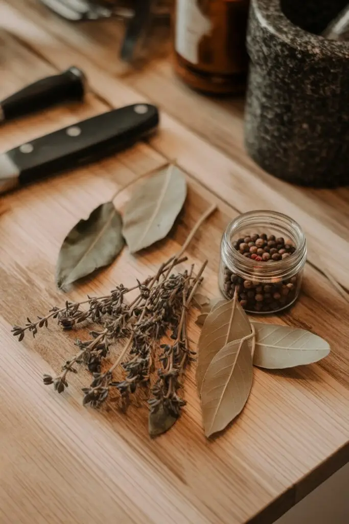 A rustic wooden table with dried herbs, bay leaves, and whole peppercorns in a glass jar.