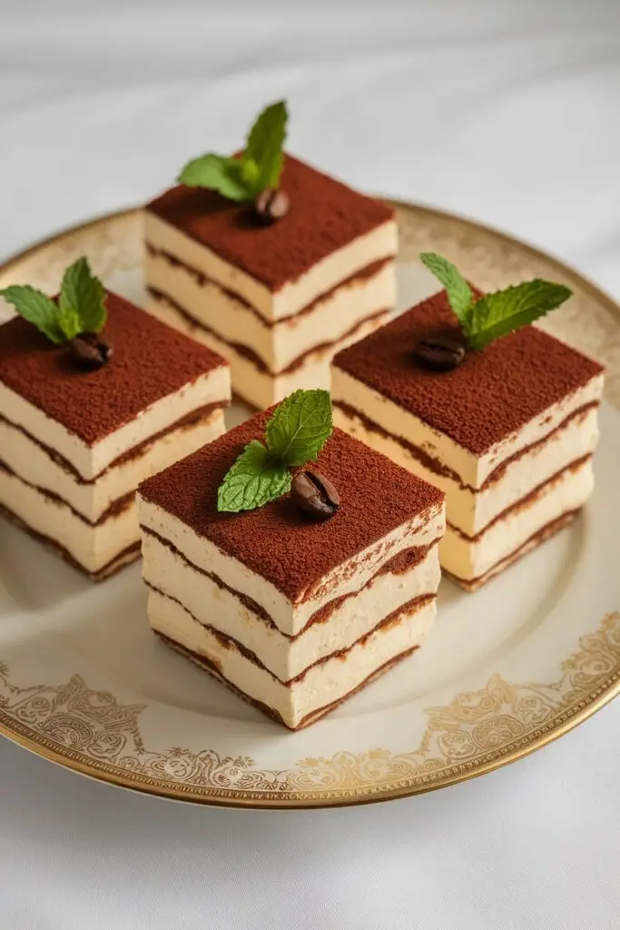 Elegant tiramisu squares served on a vintage plate, garnished with fresh mint leaves and coffee beans.