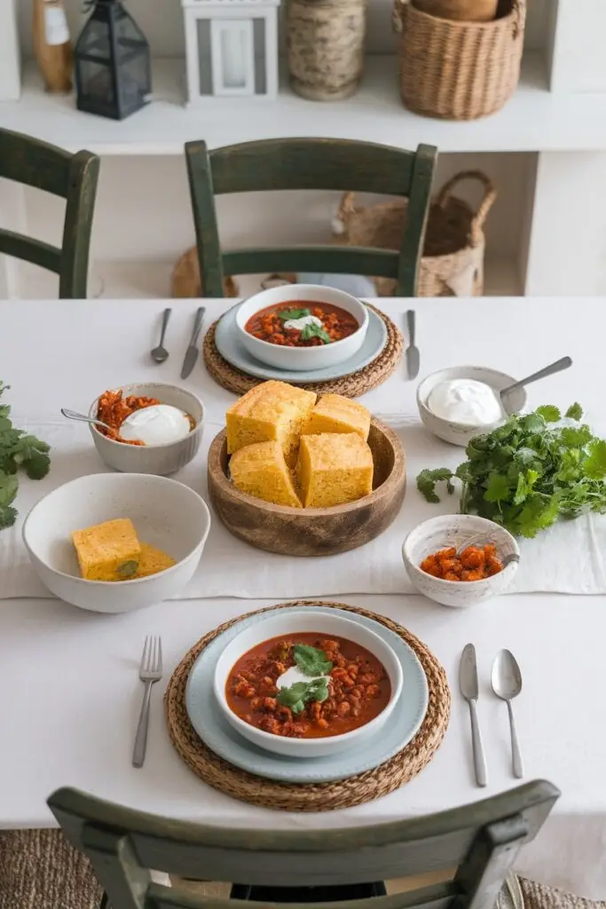 A cozy dinner table setting with Chilli Con Carne soup served alongside cornbread, sour cream, and fresh cilantro.