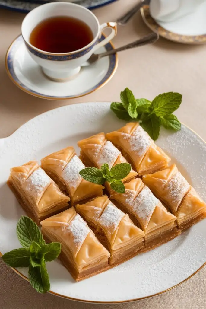 A plate of baklava served with fresh mint leaves and a cup of tea.