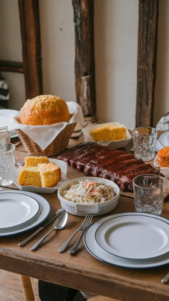 A cozy dining setup featuring BBQ ribs, cornbread, and coleslaw.