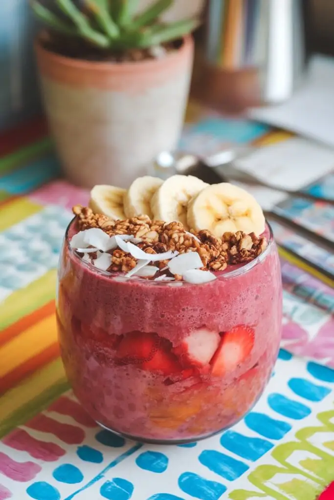 A vibrant smoothie bowl topped with granola, sliced bananas, coconut flakes, and fresh strawberries, served in a glass.