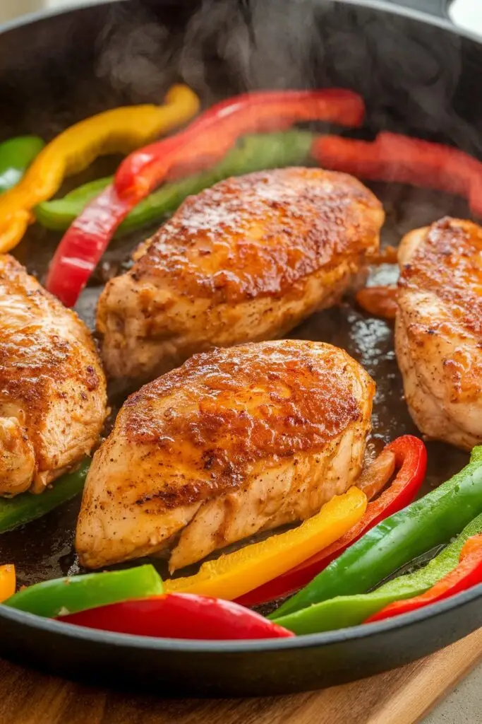 Chicken breasts sautéed in a spicy honey garlic glaze, served with sautéed red, yellow, and green bell peppers.