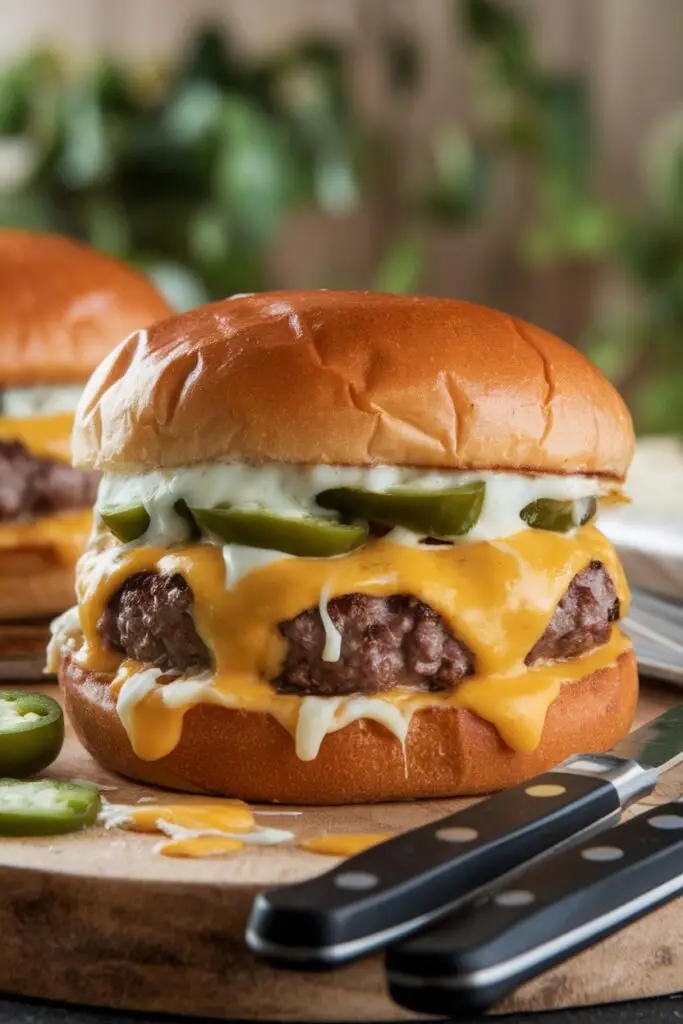 A spicy burger with jalapeños, melted cheese, and creamy sauce, served on a wooden board.