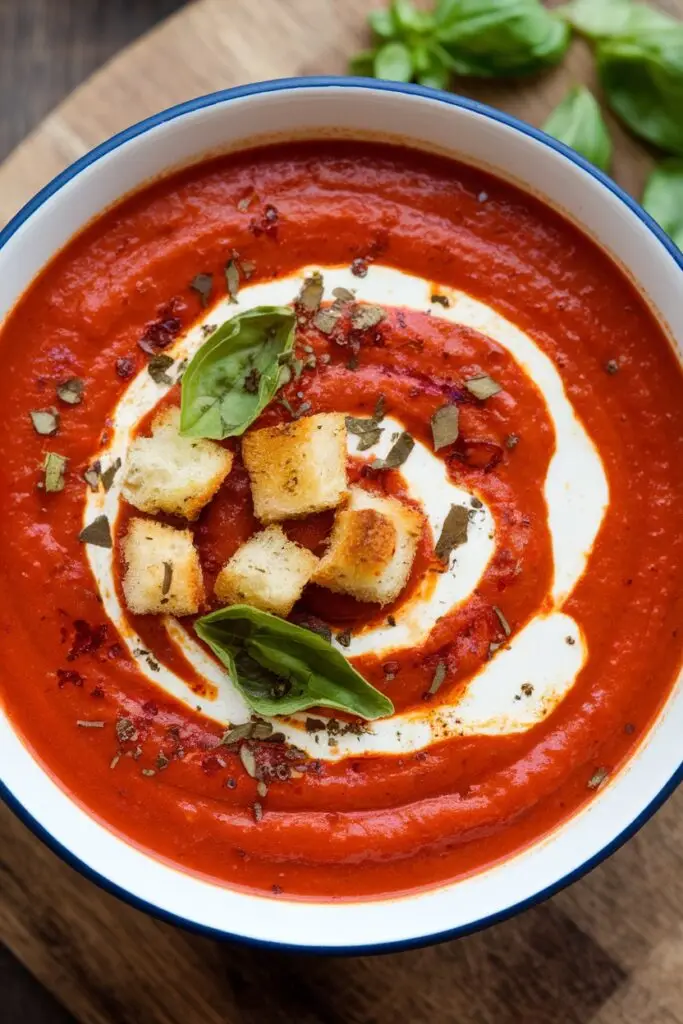 A bowl of roasted tomato and pepper soup with a swirl of cream, garnished with fresh basil and crunchy croutons.