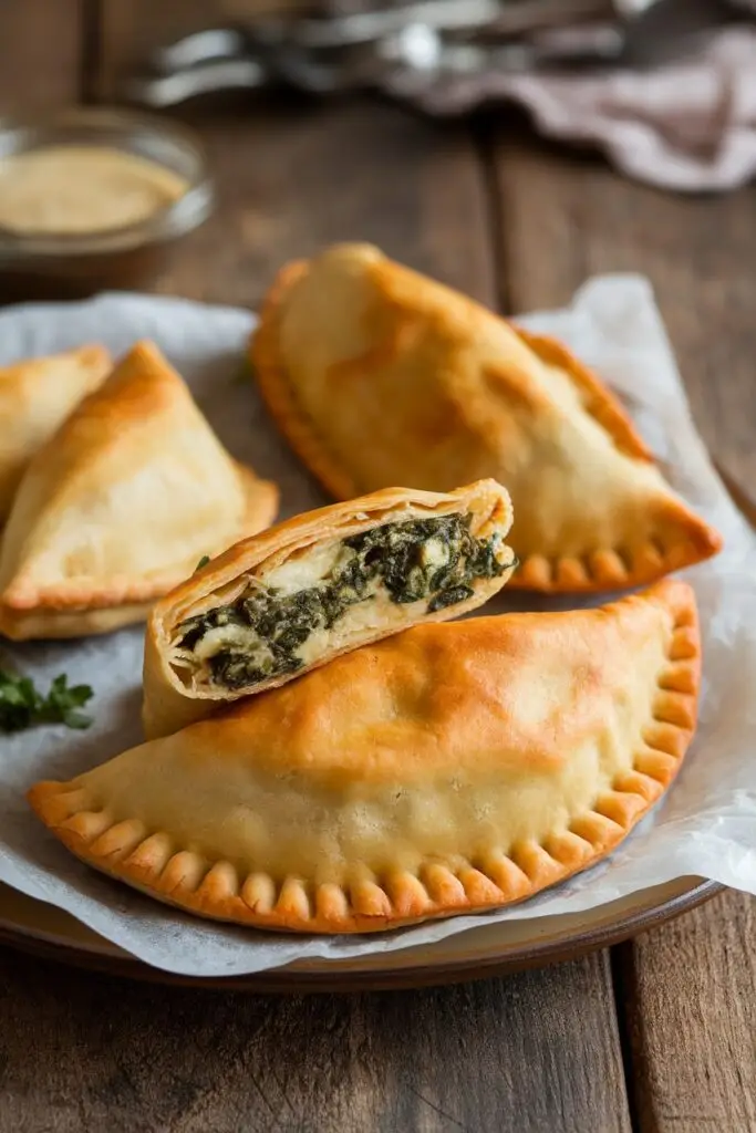 A plate of empanadas filled with creamy spinach and melted cheese.