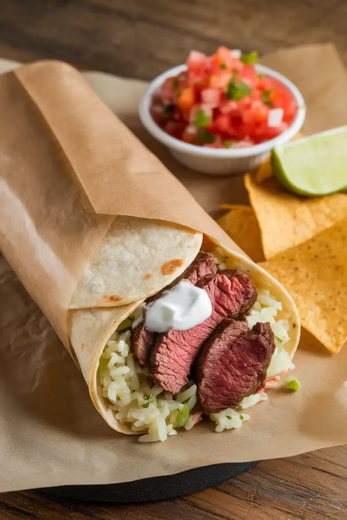 A steak burrito wrapped in paper, filled with juicy sliced steak, cilantro lime rice, and sour cream, served with a side of salsa and tortilla chips.