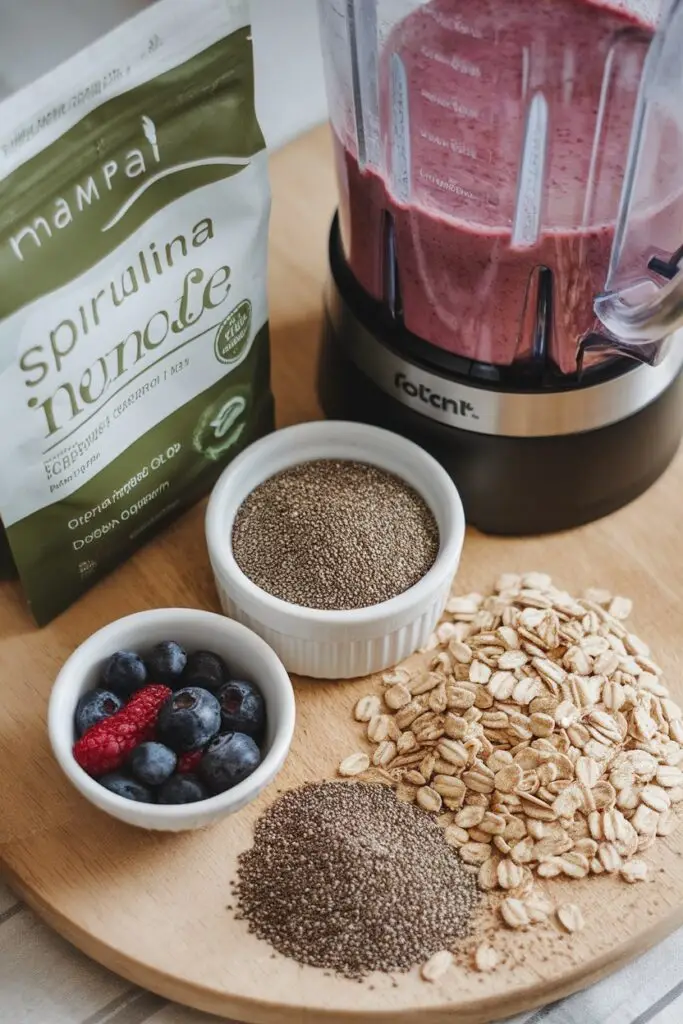 A blender mixing a berry smoothie, surrounded by ingredients like chia seeds, oats, and spirulina powder.