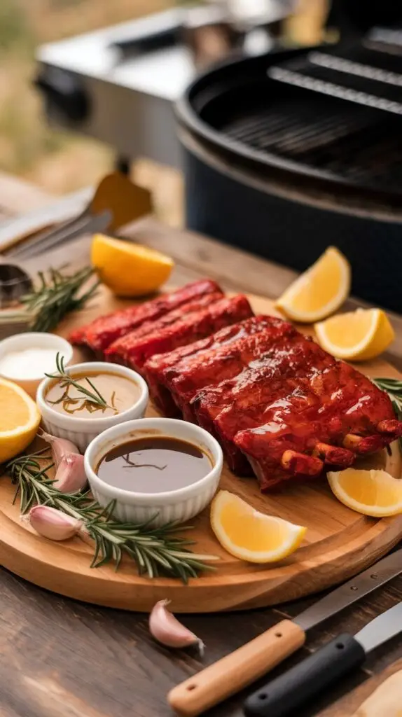 A wooden board with saucy BBQ ribs, lemon wedges, and dipping sauces.