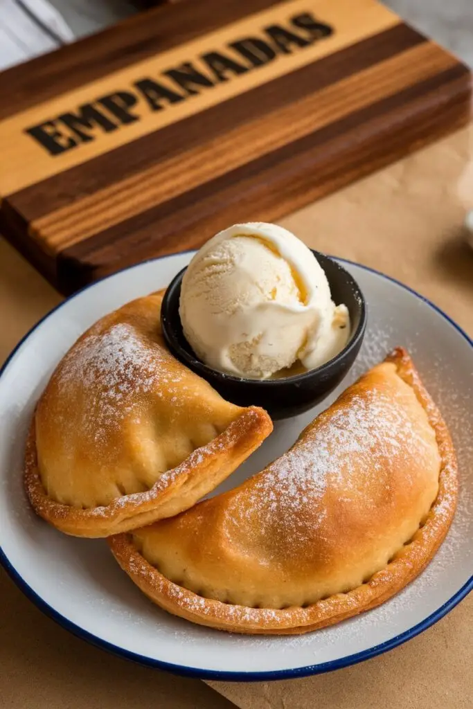 Warm, golden-brown dessert empanadas dusted with powdered sugar, served with vanilla ice cream.